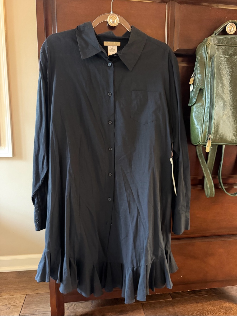 Beach House Black Long-Sleeve Button-Down Dress with Ruffle Hem